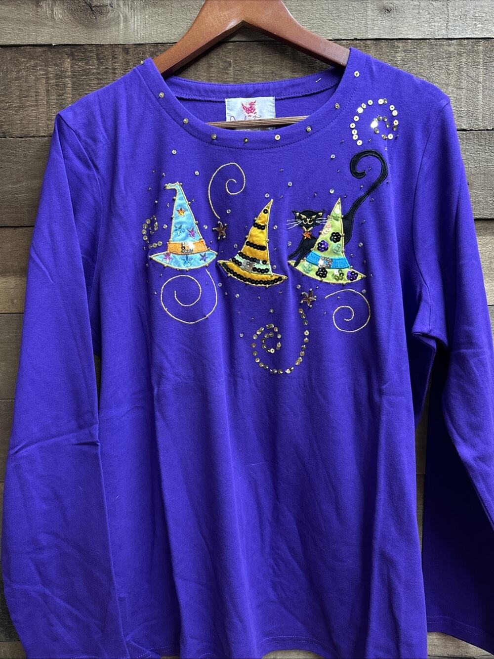 Quacker Factory Purple Halloween Witch Hats Cat Long Sleeve Top NWT Large
